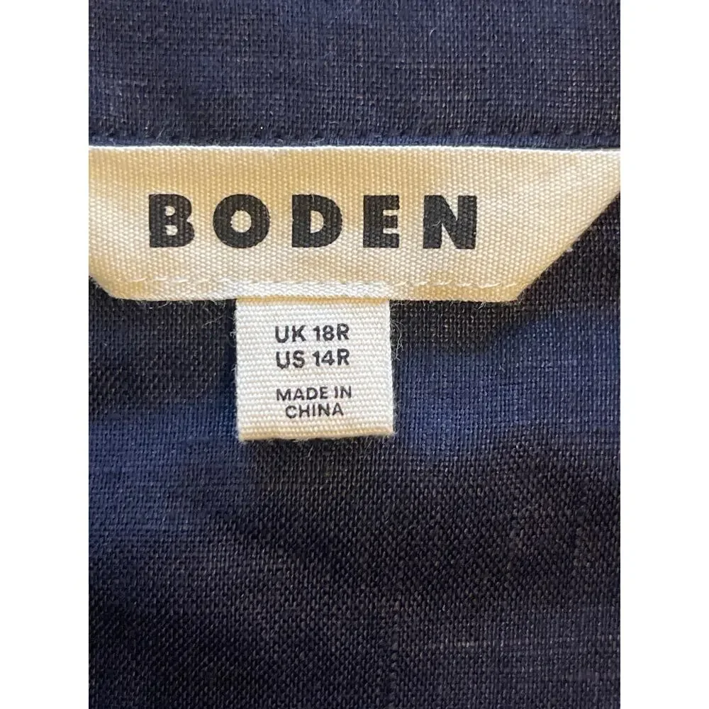 Boden Cleo Embroidered Linen Dress Navy White Long Sleeve Belted Size 14 - Picture 10 of 10